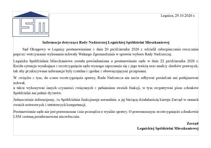 Informacja dotycząca Rady Nadzorczej Legnickiej Sp&oacute;łdzielni Mieszkaniowej