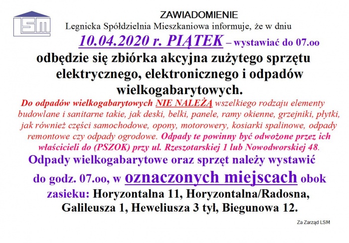 Zbi&oacute;rka zużytego sprzętu elektrycznego i odpad&oacute;w wielkogabarytowych