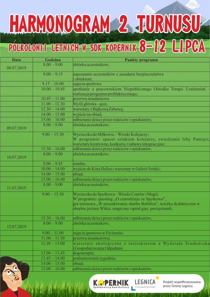 Harmonogram 2 turnusu p&oacute;łkolonii letnich w SDK "Kopernik"